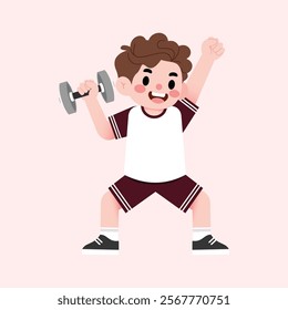 Happy Boy Lifting Weights Cartoon Child Exercise Fitness Fun Illustration