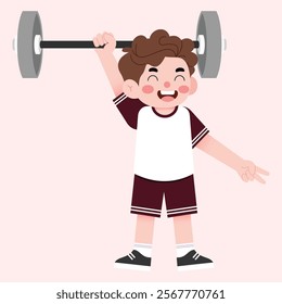 Happy Boy Lifting Weights Cartoon Illustration Child Fitness Exercise Sport