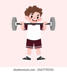 Happy Boy Lifting Weights Cartoon Character Weightlifting Illustration Child Fitness Strength