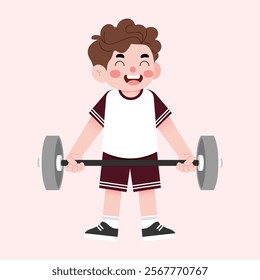 Happy Boy Lifting Weights Cartoon Illustration of Child Exercising