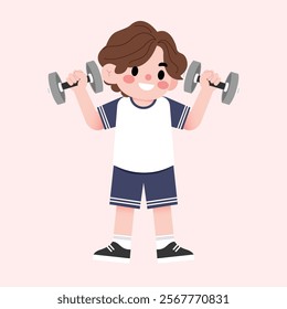 Happy Boy Lifting Weights Cartoon Illustration Fitness Exercise Child