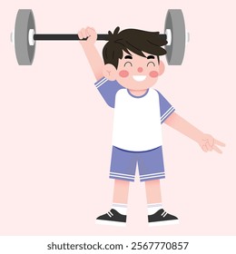 Happy Boy Lifting Weights Cartoon Illustration of Child s Fitness and Strength Training