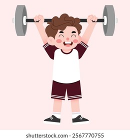 Happy Boy Lifting Weights Child Fitness Cartoon Illustration Healthy Lifestyle Exercise