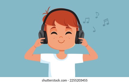 
Happy Boy Listening to His Favorite Song Vector Cartoon Illustration. Cheerful kid wearing headphones feeling relaxed 
