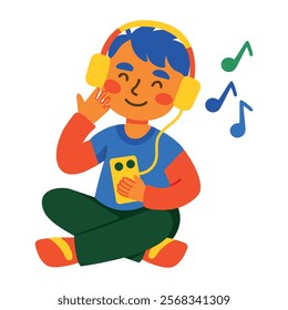 Happy boy listening music, flat illustration