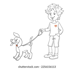 Happy boy with a little funny puppy. Black and white picture with red details. For coloring book. In cartoon style. Isolated on white background. Vector illustration