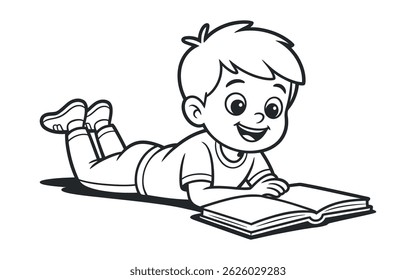 Happy boy lying down reading a book, black and white line art illustration, perfect for children's books or educational materials.