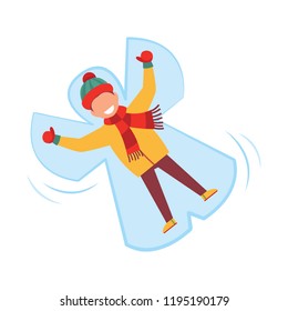 Happy Boy Lying In The Snow Makes A Snow Angel. Vector Illustration On White Isolated Background.