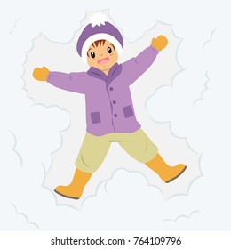 Happy boy lying in snow and moving his arms and legs up and down. Boy making snow angel, cartoon vector