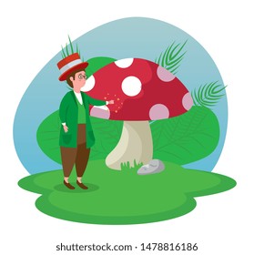 happy boy magician with fungus and branches leaves plants