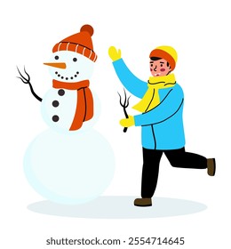 Happy boy makes a snowman on the street. Winter games in the fresh air. Vector illustration isolated on white background.