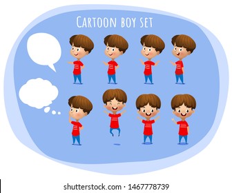 Happy boy making different gestures. Vector cartoon set