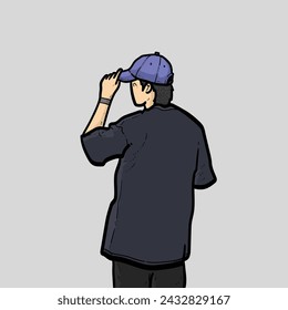 Happy boy or man or guy facing back side with cool style cap tshirt pants on grey Background vector modern illustration