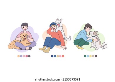 Happy boy man with his lovely dog, true friend, best friend, hugging cute pet, kids petting dogs, puppies glad playing smiling owners people, vector illustration isolated on white background