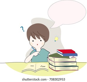 Happy boy or man reading and writing books smile, satisfied feeling, cute cartoon flat design, hand draw doodle comic style, illustration vector