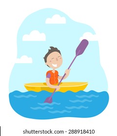 Happy boy maneuvering kayaking. Flat design. Vector illustration.