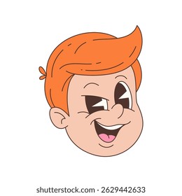 Happy boy mascot face with expressive eyes and bright red hair drawn in vintage cartoon style with bold outlines. Flat color scheme used for classic appeal. Vector illustration