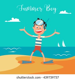 Happy Boy in Mask for Diving on Summer Beach Vacation. Vector illustration