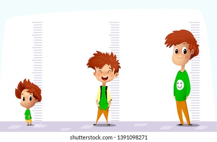 Happy boy measures his growth in different ages. Funny cartoon vector art on white background.
