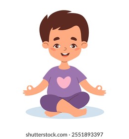 Happy boy meditating sitting in asana. Hobbies, sports, healthy lifestyle. Yoga for kids. Vector illustration in flat style