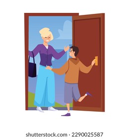 Happy boy meeting his mother in the doorway, flat vector illustration isolated on white background. Woman comes back from work to her child. People meeting at the door.