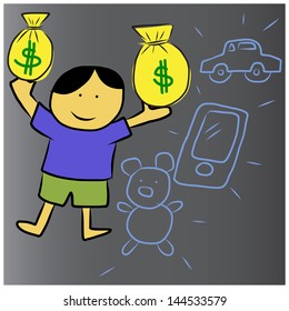 Happy boy with money bag, vector format