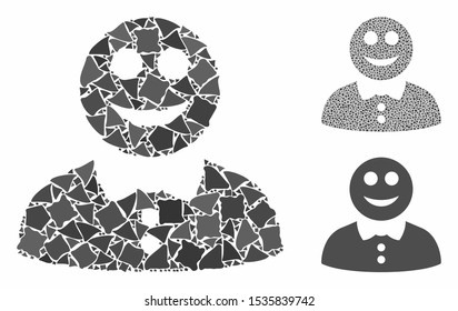 Happy boy mosaic of ragged elements in various sizes and color hues, based on happy boy icon. Vector ragged elements are composed into collage. Happy boy icons collage with dotted pattern.