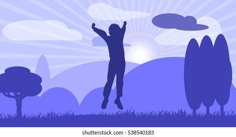 Happy boy in nature with mountains, clouds and sunshine