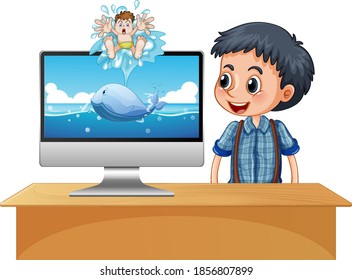 Happy boy next to computer screen with ocean scene illustration