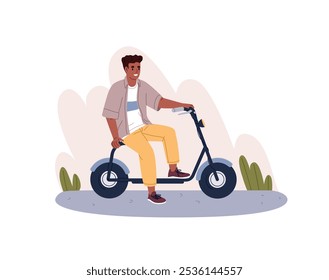 Muchacho feliz en la vespa eléctrica con las paradas del asiento. Piloto de la vista lateral de la ayuda de movilidad personal moderna. El conductor se sienta en el ciclomotor urbano, vista lateral de la motocicleta. Ilustración vectorial aislada plana sobre fondo blanco