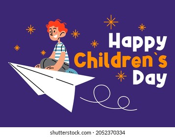 Happy Boy On A Flying Paper Airplane Flat Vector Illustration