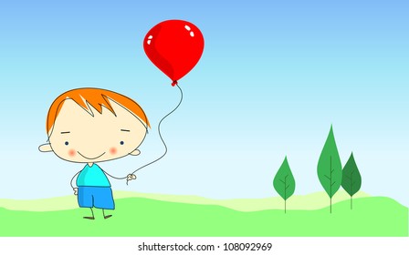 happy boy on green grass with red inflatable balloon