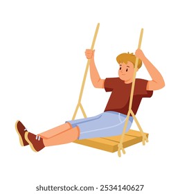 Happy Boy on Rope Swing Rocking and Relaxing Vector Illustration