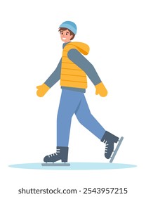 Garoto feliz patinando no gelo no inverno. Atividade ao ar livre estação de inverno neve. Personagem masculino em roupas quentes patinação. Ilustração de ícone de vetor isolada no plano de fundo branco.