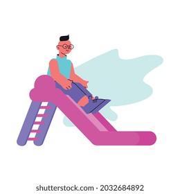 Happy boy on slide flat vector illustration
