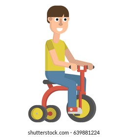 Happy boy on tricycle isolated on white background. Flat vector illustration.Boy cycling. Boy on tricycle.