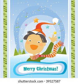  happy boy on winter background, vector christmas card