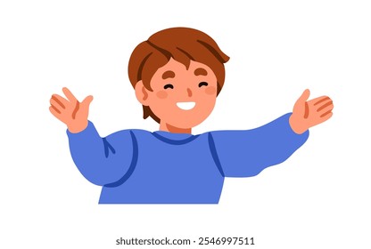 Happy boy with open arms and cheerful smile, joy expression. Cute child welcoming with friendly gesture, joyful hug. Funny joyous positive kid. Flat vector illustration isolated on white background