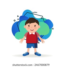 Happy boy with open hands. Little kid in T-shirt, shorts and trainers. Childhood concept. Vector illustration can be used for topics like gesturing, greeting, sport.