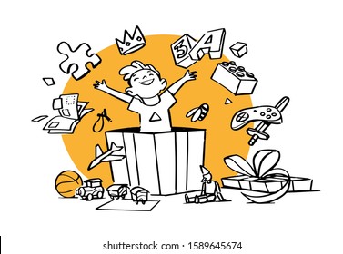 A happy boy opens a box full of toys - Vector