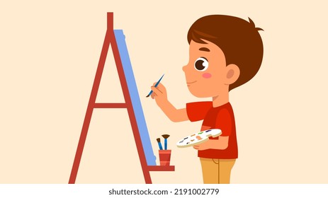 Happy Boy Painting on Canvas. Child stands in front of easel and draws beautiful picture with brush, gouache or watercolor. Preschool artist. Entertainment for kid. Cartoon flat vector illustration