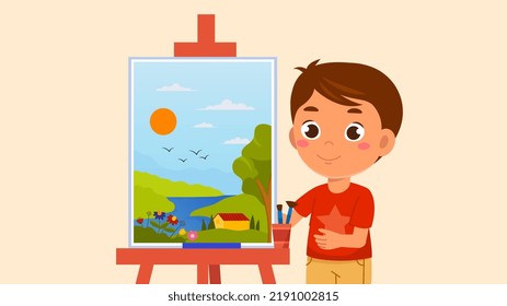 Happy Boy Painting on Canvas. Small creative child presents his picture. Preschool artist creates beautiful paintings with brush and watercolor. Education or hobbies. Cartoon flat vector
