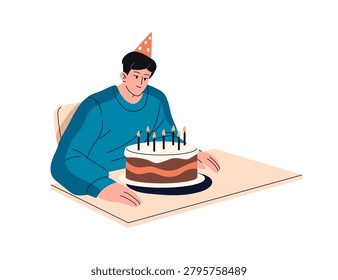 Happy boy in party cap celebrates his Birthday. Teen guy is blowing burning candles on festive cake. Single person is on holiday in solitude. Flat isolated vector illustration on white background