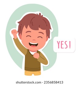 Happy boy person gesturing raising fist up. Yes text and smiling child posing showing victory success gesture. Positive kid cartoon character portrait, clenched hand sign flat vector illustration