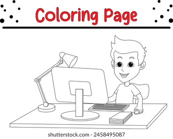 happy boy with personal computer coloring book page for kids and adults