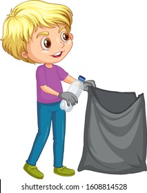 Happy boy picking up trash on white background illustration