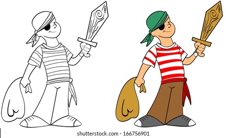Happy boy in a pirate's costume with a wooden sword for Halloween or costume party