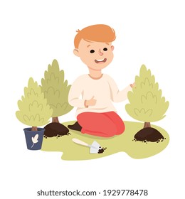 Happy Boy Planting Tree Sapling, Save the World, Ecology Concept Cartoon Vector Illustration