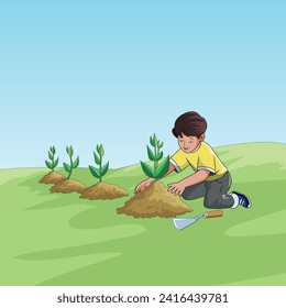 Happy boy planting trees illustration