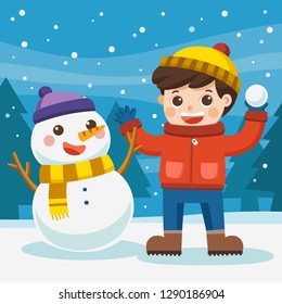 Happy boy play outdoors in snow. A boy having fun with snowman on a snowy winter walk.